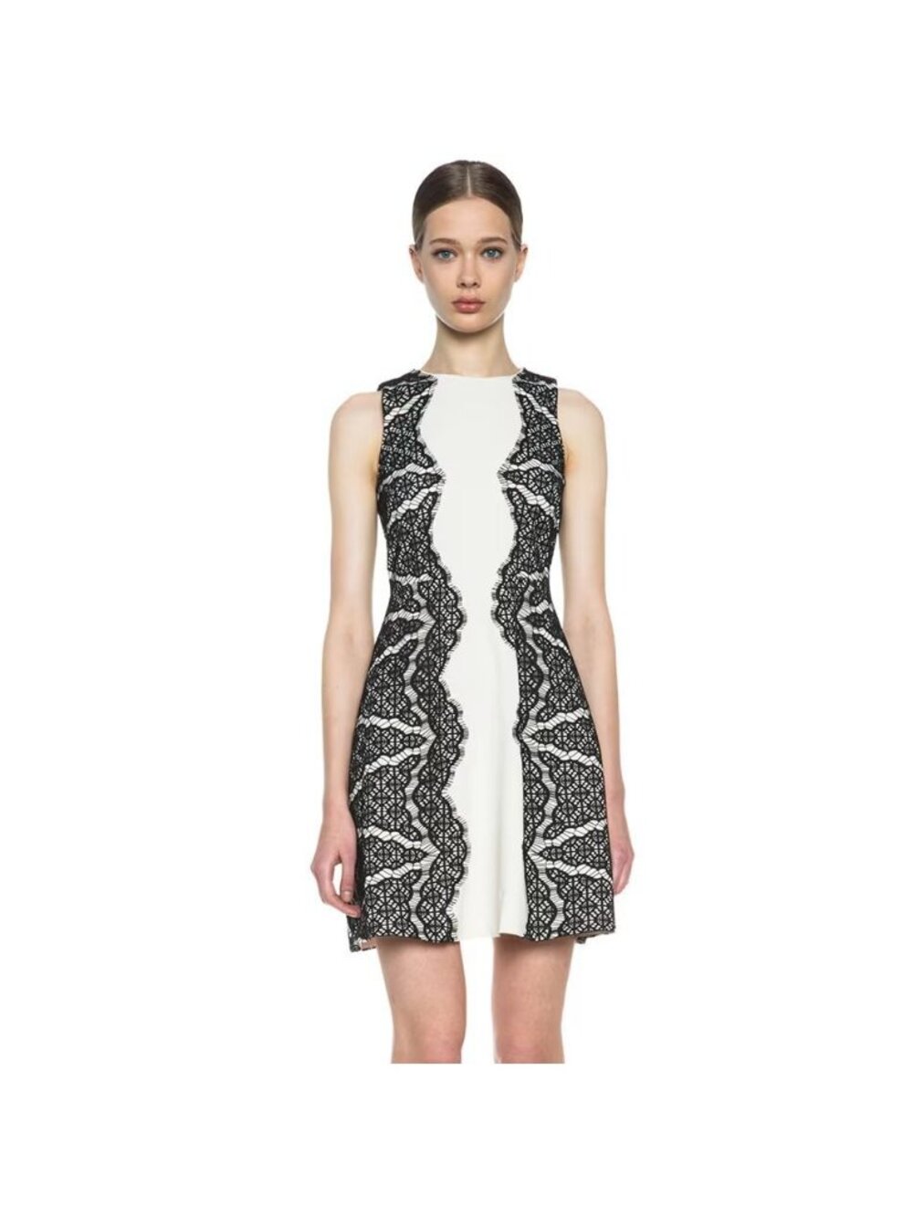 Diane Von Furstenberg Size 12 Cream Black Daniella Lace Sleeveless A-Line Dress